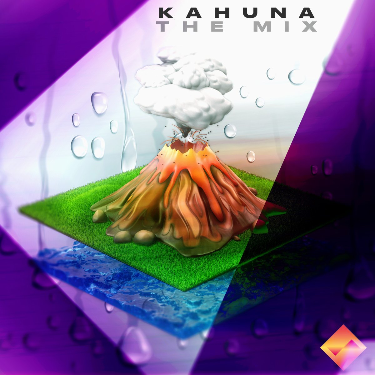 Kahuna: The Mix cover — a volcano island floating on water inside a violet prism